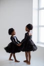 Graceful petite ballerinas dancing together in studio