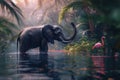 Elephant vs flamingo in tropical forest water, AI generated
