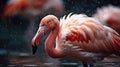 Graceful Pink Flamingo Foraging in Water, A Close Up View in the nature in the rain Royalty Free Stock Photo