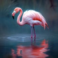 Graceful Pink Flamingo Wading in Water. Generative AI