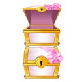 Graceful pink treasure chest decorated with flower buds and ribbon with bowknot. Vector illustration.