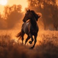 Graceful power thoroughbred stallion gallops freely in a rural sunset