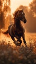 Graceful power thoroughbred stallion gallops freely in a rural sunset