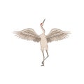 Graceful red-crowned crane standing on one leg with wide open wings. Wading bird with long beak. Flat vector icon