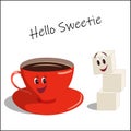 Graceful red porcelain coffee cup flirts with a funny tasty sugar cube