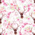 Graceful reindeer and flowers seamless vector pattern