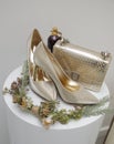 graceful shoes of the bride, studded with shiny pebbles Royalty Free Stock Photo