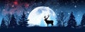 A graceful silhouette of a reindeer against a moonlit sky, conveying the enchantment and magic of Christmas. Web banner backdrop.