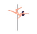 Graceful slim pretty pole dancer exercising on pylon flat vector illustration isolated on white