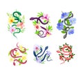 Graceful Snakes Coiled Around Beautiful Blooming Flowers Vector Set
