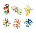 Graceful Snakes Coiled Around Beautiful Blooming Flowers Vector Set