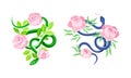 Graceful Snakes Coiled Around Beautiful Blooming Pink Rose and Peony Flowers Vector Set