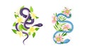 Graceful Snakes Coiled Around Beautiful Blooming Pink and Yellow Flower Vector Set