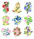 Graceful snakes coiled around beautiful flowers set vector illustration