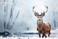 Graceful snowy deer stands in a serene snowy landscape