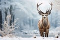 Graceful snowy deer stands in a serene snowy landscape