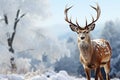 Graceful snowy deer stands in a serene snowy landscape