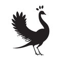 Graceful standing peacock with open wings showing feathers design in black vector Royalty Free Stock Photo