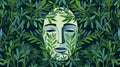 Graceful Surrealism: Green Face Surrounded By Leaf Patterns And Rosemary Hedges