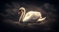 A graceful swan with luminous white feathers glides across a dark, misty water