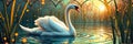 Graceful swan at sunset in tranquil pond with glowing fireflies and tall reeds Royalty Free Stock Photo