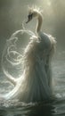 Graceful swan wearing a pearl-studded tiara, draped in a flowing chiffon gown