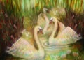 Graceful swans in love swimming together, illustration collage