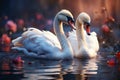 Graceful swans serene swim mirrors tranquility in still, glassy waters