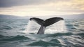 The Graceful Tail of a Humpback Whale Dancing Beneath Iceland\'s Cloudy Sky in the Ocean Depths. Generative AI