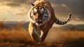 Graceful Tiger Galloping In Vast Landscape