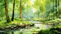 watercolor illustration of a lush green forest