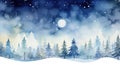 Graceful Watercolor Snowflakes Adorning a Serene Moonlit Christmas Landscape AI Generated