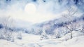 Graceful Watercolor Snowflakes Adorning a Serene Moonlit Christmas Landscape AI Generated