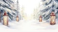 Graceful Watercolor Snowy Christmas Pathway with Festive Wreaths and Lanterns AI Generated