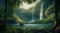 Graceful Waterfall in the Green Wilderness. Majestic Waterfall in a Lush Forest. Generative AI