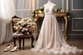 Graceful wedding attire dress, shoes, bouquet, showcased in an exquisitely adorned room