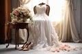 Graceful wedding attire dress, shoes, bouquet, showcased in an exquisitely adorned room