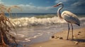 Graceful White Heron On Sunny Beach: A Tropical Island Delight