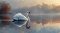 Graceful White Swan with long feathers glides serenely across the calm surface of a lake