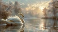 Graceful White Swan with long feathers glides serenely across the calm surface of a lake