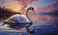 Graceful White Swan with long feathers glides serenely across the calm surface of a lake