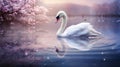 Graceful white swan swimming on calm waters