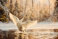 graceful white swan takes off from the water at dawn in morning against the backdrop of winter landscape Royalty Free Stock Photo