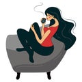 Graceful woman brunette sits in a chair and drinks coffee. The concept of comfort, safety, rest and relaxation with a