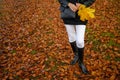 Graceful woman feet in elegant boots walking on fall leaves in an autumn forest Royalty Free Stock Photo