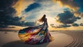 Graceful woman standing on beach in flowing colorful dress. Generative AI