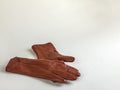 Graceful women's brown leather gloves on a white background. A pair of new brown leather gloves isolated on a white Royalty Free Stock Photo