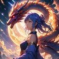 Beautiful fantasy anime princess in blue dress who is protected by the fiery mythical dragon Bahamut