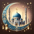 A gracefully mosque with acrylic crescent moon, in ramadan athmosphere, with stars, lights, Islamic ornaments