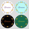 Gracias Thank you in Spanish. Round design. Ethnic floral style. Template for stickers  icon  greeting card  party invitation Royalty Free Stock Photo
